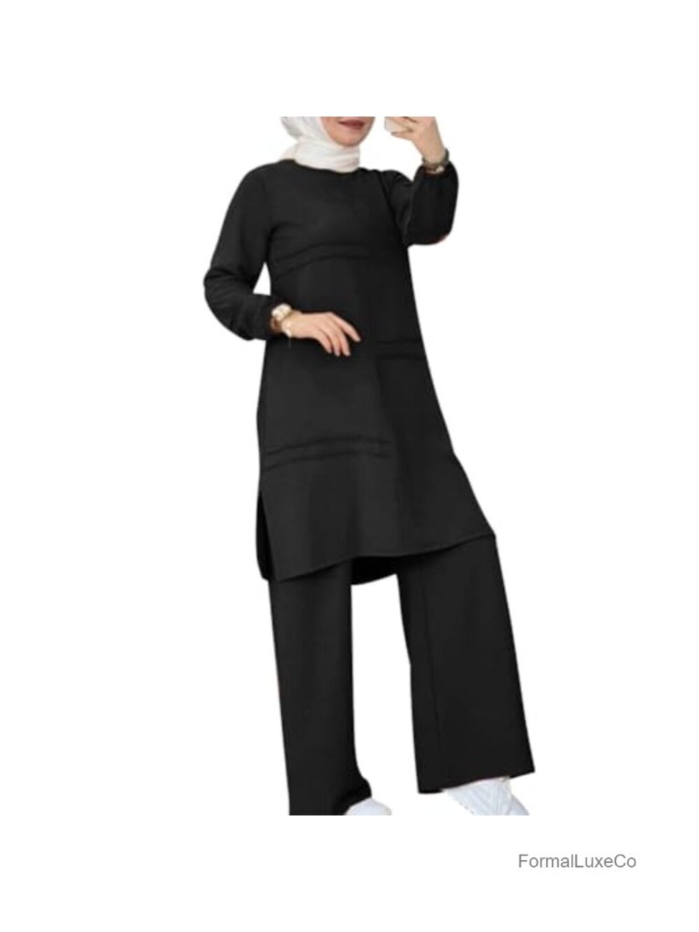 Women's 2 Piece Abaya Set Long Sleeve Top Wide Leg Pants Muslim Islamic Modest